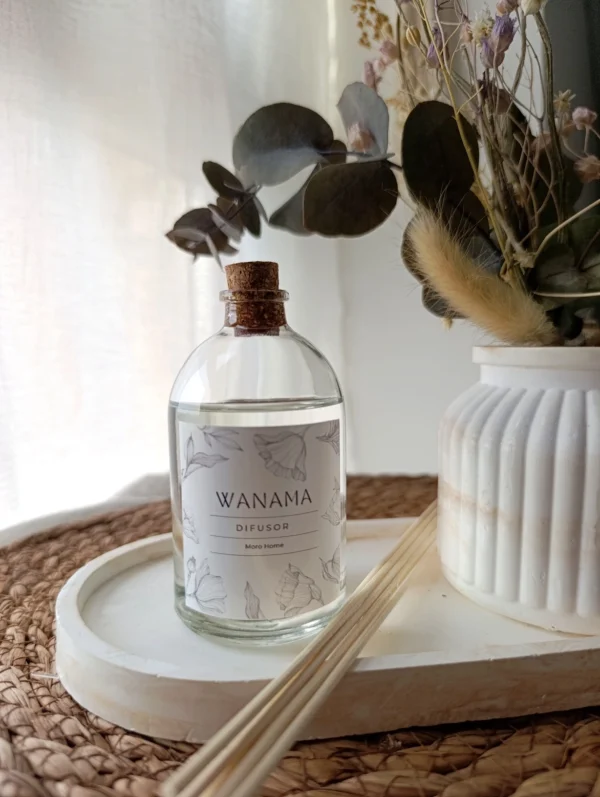 Difusor vidrio 100 ml Fragancia Wanama con 6 Varillas de Ratán