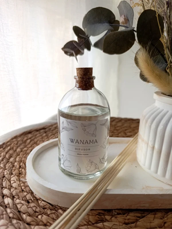 Difusor vidrio 100 ml Fragancia Wanama con 6 Varillas de Ratán